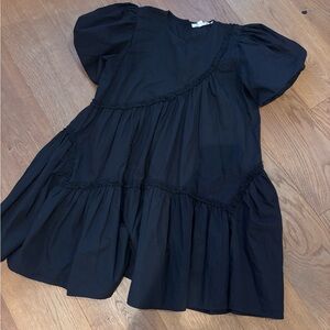 Black Puff Sleeve Tiered Casual Dress